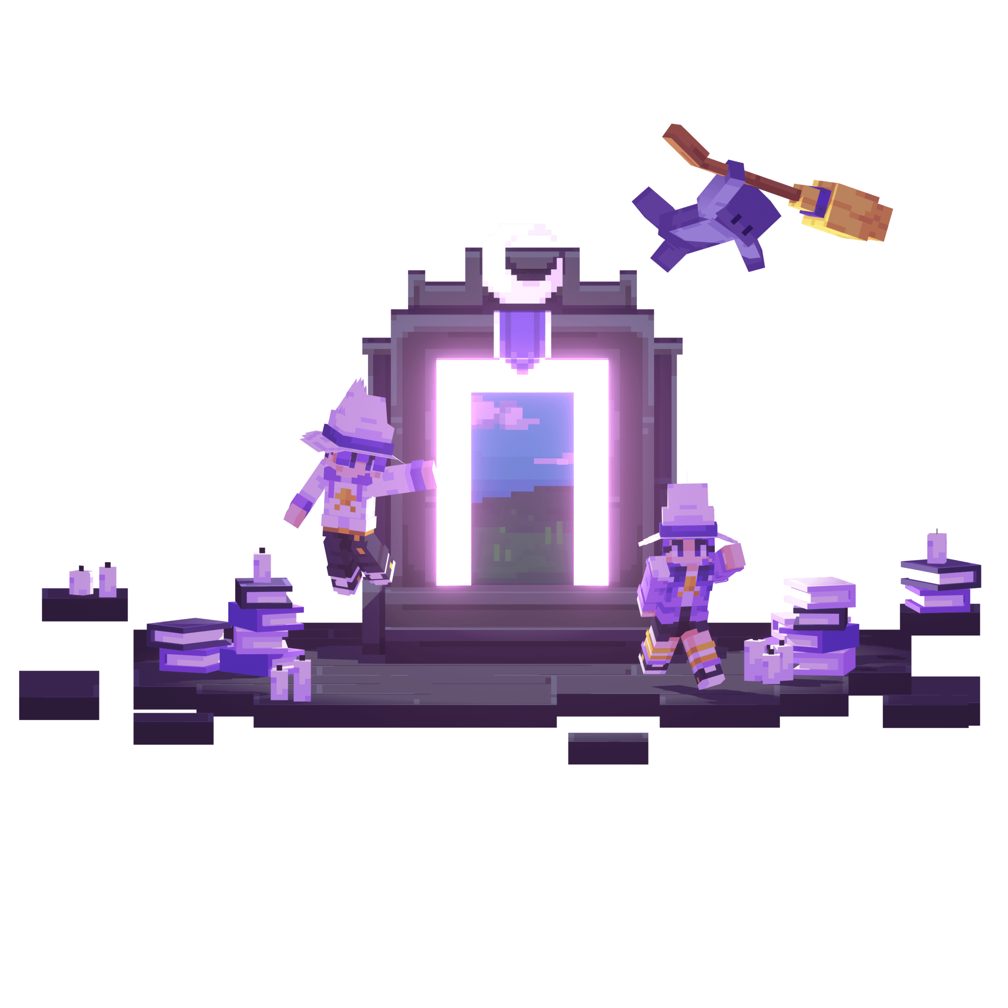 Minecraft characters beside a glowing purple portal